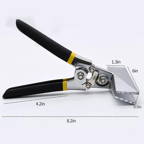 Side view of hand seamer with black ergonomic handles and 6in straight jaw for bending sheet metal.