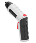 Kickass Compact Cordless Drill Driver Kit Boasts A Super Sleek Body With A Beast Mode 4.2V Lithium Battery And Powerful Led Work Light For Blazing Fast Drilling On Every Home Job, featuring a sleek design in black and white.