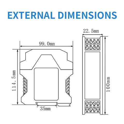Technical drawing of Ultra Slim Signal Isolator DC 24V for PLCs, showing external dimensions.