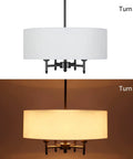 4 Light Drum Chandelier Black Pendant Light with White Fabric Shade turned off and on, 18 Inch Diameter Adjustable Chain E12 Base Fully Dimmable