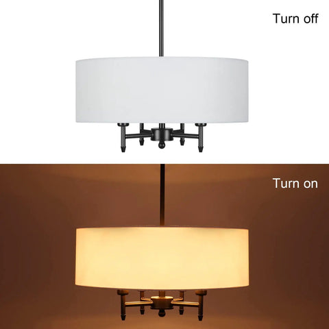 4 Light Drum Chandelier Black Pendant Light with White Fabric Shade turned off and on, 18 Inch Diameter Adjustable Chain E12 Base Fully Dimmable