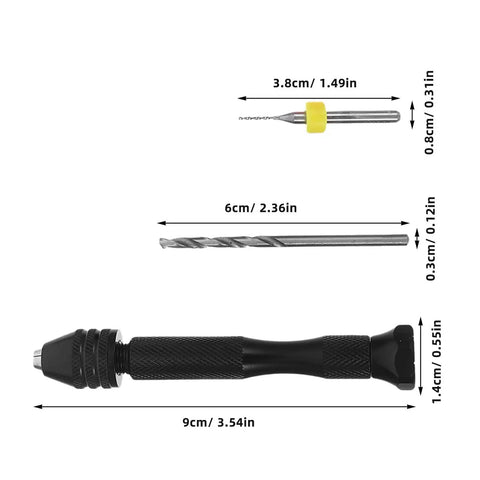 Miniature Hand Drill Set With Pin Vise For Jewelry Making And Crafting Pro Grade Handheld Drill Kit displayed with measurements