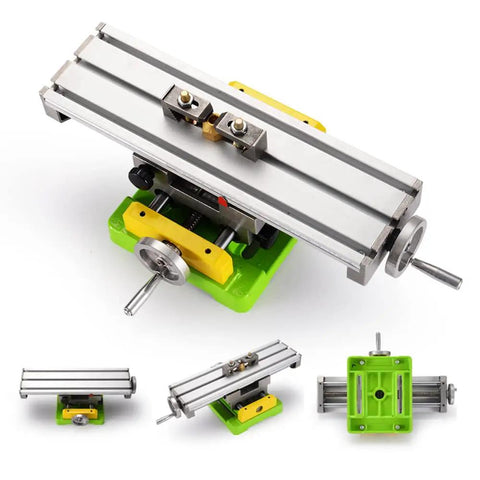 Precision Milling Machine Worktable With Multifunction Drill Vise Fixture for Hobbyist Shops, shown in various angles