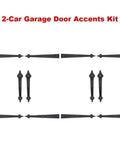 Decorative Rustic Metal Garage Door Hardware Kit With Screw In Carriage House Hinges Dummy Hinges And Handles In Black Matte Steel For Barn Doors Gates And Shutters Designed To Outfit Two Car Garages, showing 8 hinges and 4 handles in black matte finish on a white background.
