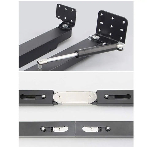 Hidden Desktop Folding Connector Accessories Kit For Space Saving Desks And Tables, Quiet Hydraulic Fold Down Desk Hinges For Dining Tables, Bar Cabinets And Workstations, Complete Set. Black aluminum alloy folding hinge kit with hydraulic rod