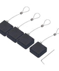 Hella Secure Retractable Cable Lock With Sturdy Double Sided Adhesive Mounting Pad For Phones TV Boxes And Remotes Black 4 Pack, showing four black locks with cables.