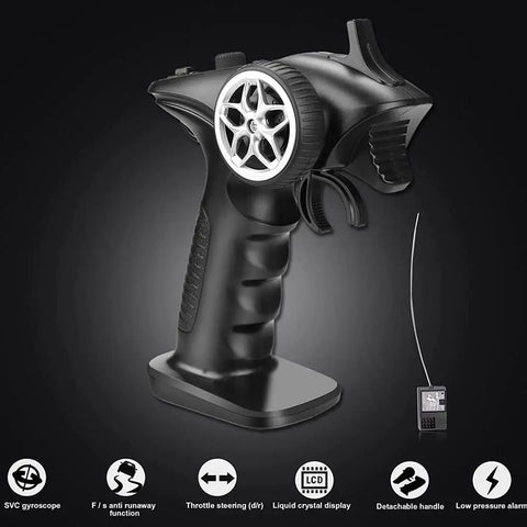 Pro Grade 2 4Ghz 4 Channel RC Transmitter for Cars Boats and Tanks with Ultra Smooth Response Long Range Control FHSS 67 Channel Tech Works with Multiple Vehicles Black showing LCD display and SVC gyroscope.