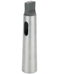 Front view of Morse taper reducing adapter MT3 to MT2, silver metal drill sleeve with side slot.