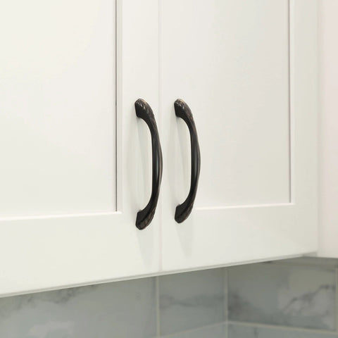 Installed Oil Rubbed Bronze Cabinet Pull Handle Six And A Quarter Inch Length Five Inch Center To Center Traditional Classic Style