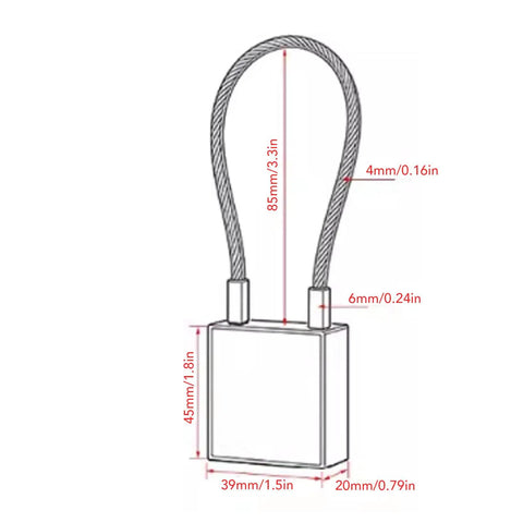 Diagram of an industrial aluminum alloy cable padlock with 85mm shackle and steel cable for lockout tagout, dimensions shown