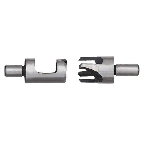 Badass 8 Piece Wood Plug Cutter Set Made From Heavy Duty Carbon Steel With Round Shank Design showing two cutter tips.