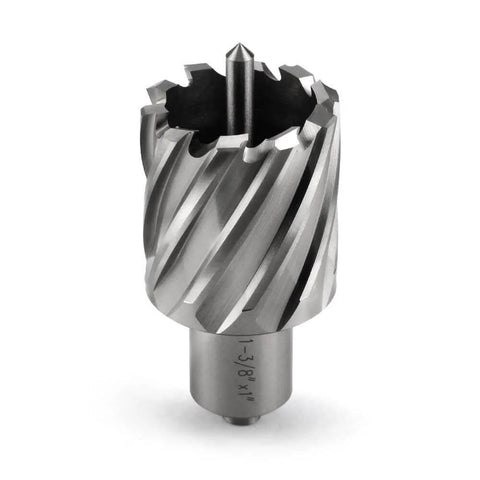 Annular cutter, 1-3/8 in diameter, 3/4 in Weldon shank, HSS, with pilot pin for magnetic drill press, front view