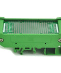 Front view of DIN Rail Mounting Carrier Housing with Prototype PCB Board for DIY electronics, fits 35mm 32mm or 15mm DIN rails.