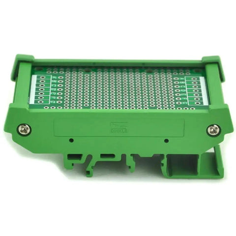 Front view of DIN Rail Mounting Carrier Housing with Prototype PCB Board for DIY electronics, fits 35mm 32mm or 15mm DIN rails.