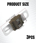 Three Piece Built Tough Bolt On Midi Fuses Featuring Fork Mount Design Rated At 70A High Current Capacity Copper Plated Universal Protector For Street Trucks And Work Haulers, showing size details.