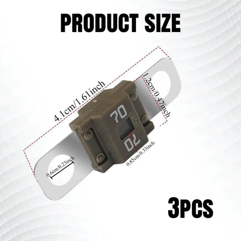 Three Piece Built Tough Bolt On Midi Fuses Featuring Fork Mount Design Rated At 70A High Current Capacity Copper Plated Universal Protector For Street Trucks And Work Haulers, showing size details.