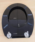 Top Shelf Black Resin Toilet Seat Universal Fit Easy Clean Bathroom Lid dimensions marked on a sleek black surface.