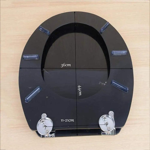 Top Shelf Black Resin Toilet Seat Universal Fit Easy Clean Bathroom Lid dimensions marked on a sleek black surface.