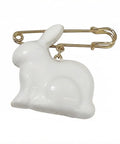 Absolute Fire Dangling Rabbit Safety Pin Lapel Brooch For Women And Men, Whimsical White Bunny Pin on gold clasp.