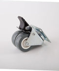 Top Shelf Heavy Duty Two Inch Twin Caster Wheels With Locking Brake And True 360 Swivel Action showing gray rubber wheels and metal swivel mount.