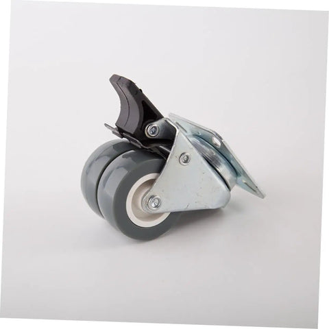 Top Shelf Heavy Duty Two Inch Twin Caster Wheels With Locking Brake And True 360 Swivel Action showing gray rubber wheels and metal swivel mount.