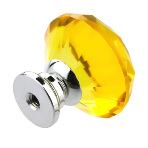 Top Notch Diamond Crystal Glass Cabinet Knobs With Shiny Chrome Base Make Dressers And Kitchen Drawers Look Hella Clean And Sharp Easy Install Hardware Fits Tight And Adds Instant Vibe To Any Room Set Of Ten Smooth Pulls yellow glass knob with chrome base close-up view