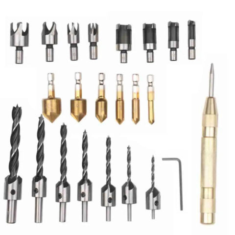 Real Deal Woodworking Plug Cutters Kit With Hex Shank Drill Bits And Countersink Bites For Hardwood Builds collection of steel wood drill bits.