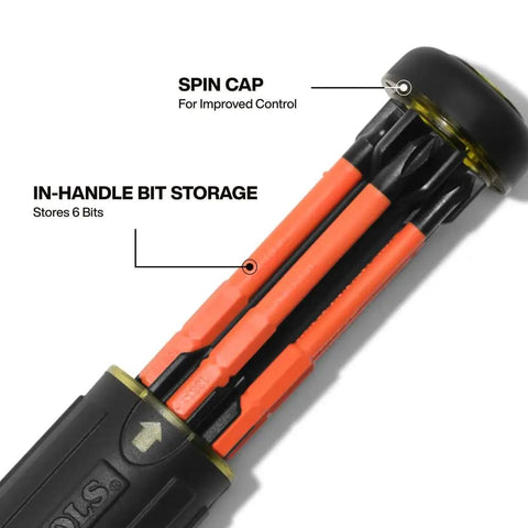 Six-In-One Insulated Multi-Bit Screwdriver With Auto Locking Collar And In-Handle Bit Storage, showing internal bit storage with labels