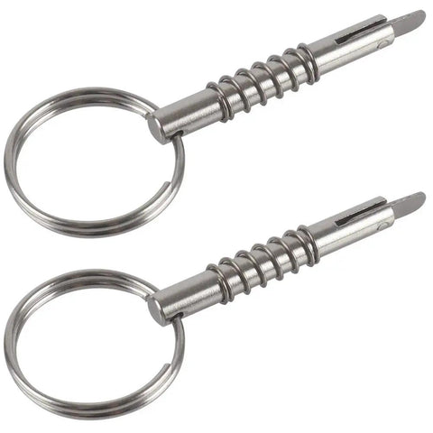 Set Of Four Quick Release Pins With Drop Cam And Spring For Bimini Tops And Boat Hinge Built From Marine Grade 316 Stainless Steel, showing two pins.