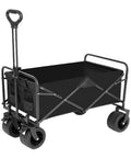 All Terrain Foldable Camping Cart With Pull Rod And Push Handle Portable Beach Trolley That Goes Anywhere For Camping Trips Easy Roll Lightweight Fold Up Camp Trailer Brown with all-terrain wheels and black fabric body.