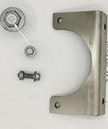 Front view of silver brake vacuum pump mounting bracket with curved cutout and two mounting holes, along with bolts and nuts.