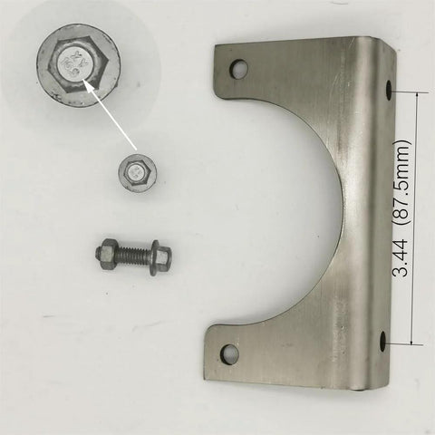 Front view of silver brake vacuum pump mounting bracket with curved cutout and two mounting holes, along with bolts and nuts.