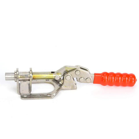 Built Tough Sus304 Stainless Steel Push Pull Quick Release Toggle Clamp With Rock Solid Grip For Heavy Metal Fabrication Welding Jigs And Shop Bench Assembly, side view with red handle.