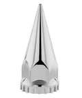 Close-up of a chrome spike type flanged 33mm lug nut cover for semi trucks, 4.75 inch height, durable ABS material.