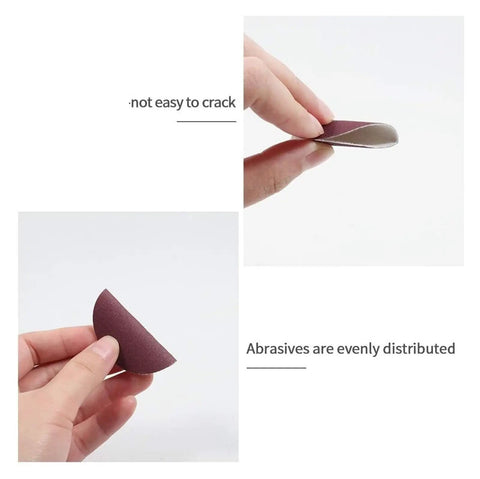 Hand holding a round sanding disc, showcasing its even abrasive distribution. Round Sanding Discs With Hook And Loop Backing For Wood And Metal.