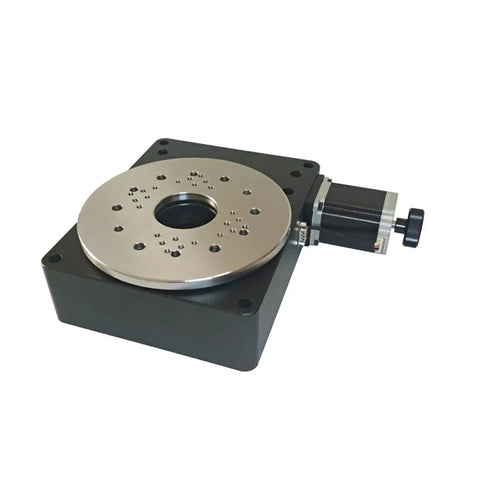 Premium Motorized Rotary Positioning Stage Delivering Dead On Accuracy with a sleek silver top and compact base for lab setups.