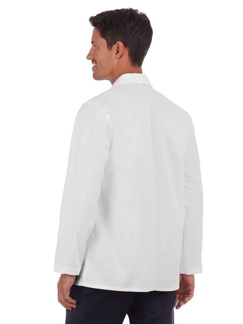 Back view of Men's 30 Inch Consultation Lab Coat White 2XL With Flattering Fit, Two Piece Back And Sleeves, Ultra Soft Stretch Fabric