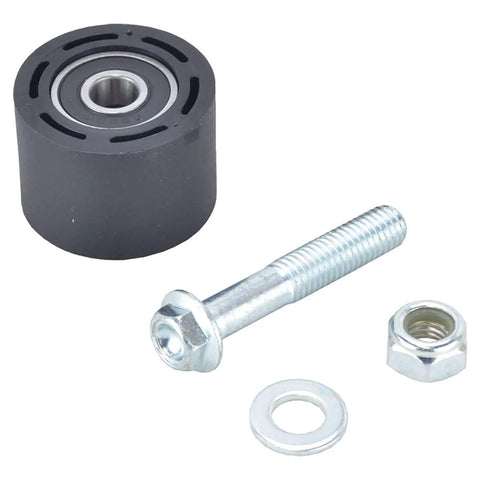 All Balls Racing sealed chain roller kit with bolt, nut, and washer; black roller, front view