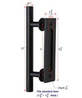 Two Pack 12 Inch Sliding Barn Door Handle Pull And Flush Hardware Set With Flat Back Plate Design In Rustic Black Finish, No Brainer Install In One Minute, Includes Drill Template And Online Installation Video Tutorials For Easy Setup with measurements shown