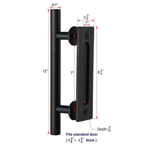 Two Pack 12 Inch Sliding Barn Door Handle Pull And Flush Hardware Set With Flat Back Plate Design In Rustic Black Finish, No Brainer Install In One Minute, Includes Drill Template And Online Installation Video Tutorials For Easy Setup with measurements shown