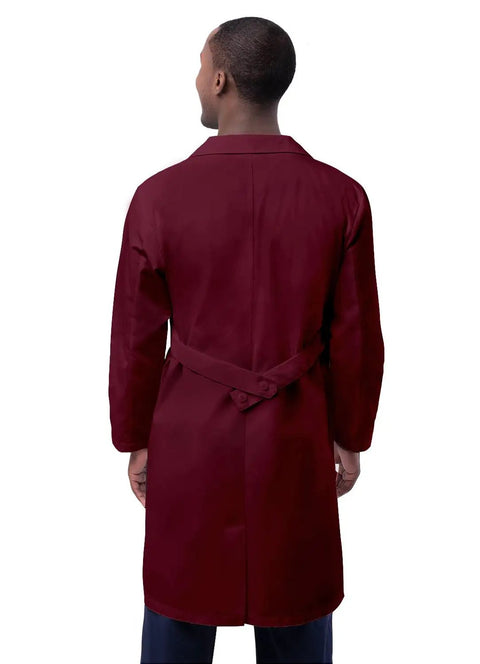 Back view of Unisex Burgundy 39 Inch Lab Coat With Two Large Patch Pockets, Two Inner Pockets And Chest Pocket, Adjustable Back Belt