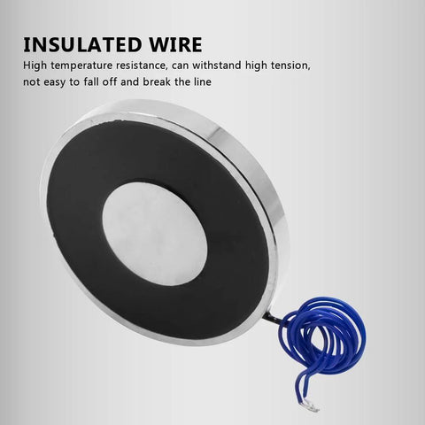 Round 80×10 mm 12V electric lifting magnet with metal rim and blue insulated wire.