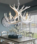 Retro Farmhouse Candle Style Resin Deer Antler White Chandeliers Chic Faux Antler Fixture 4 Light Pendant over dining table