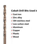 Close-up of a single M35 cobalt drill bit highlighting materials used for drilling: cast iron, aluminum, and more.