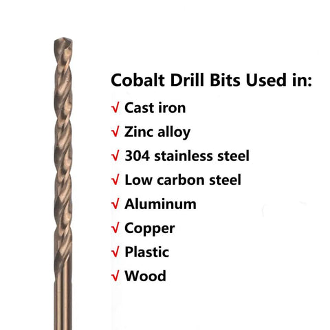 Close-up of a single M35 cobalt drill bit highlighting materials used for drilling: cast iron, aluminum, and more.