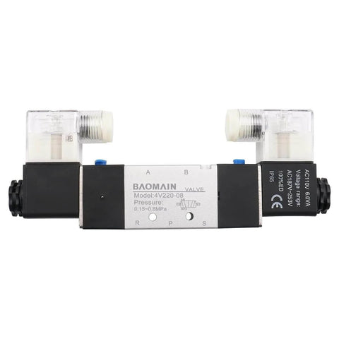 Front view of Industrial Pneumatic Solenoid Air Valve 110VAC Five Way Two Position Double Coil Pilot Operated Model 4V220-08.