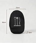 Black Waterproof Camp Kitchen Knife Bag With Large Capacity Storage shown with dimensions for camping use.
