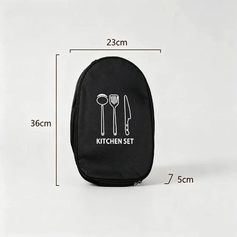 Black Waterproof Camp Kitchen Knife Bag With Large Capacity Storage shown with dimensions for camping use.