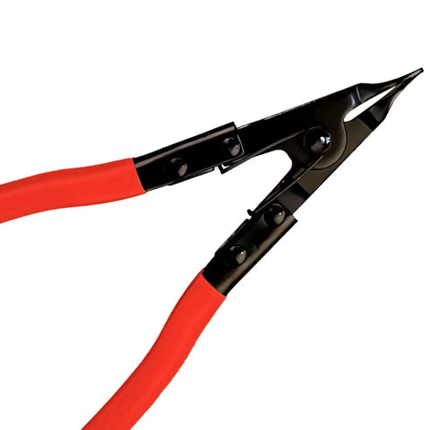 Spring Loaded Flat Tip Retaining Pliers With Circlip Lock Mechanism, Pro Grade Heavy Duty Steel, red handles, side view.