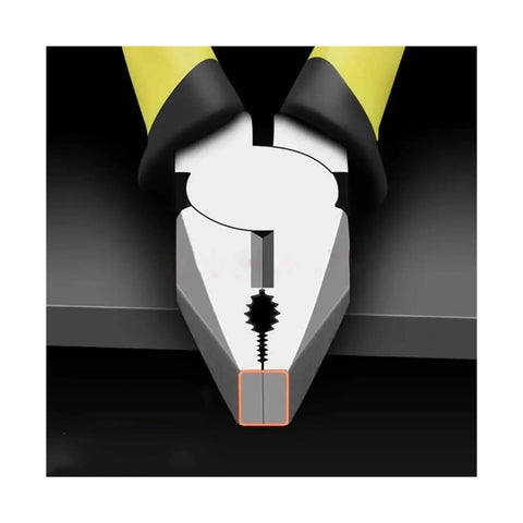 Diagonal cutting pliers with yellow and black handle, front view showing needle-nose jaws and cutting edge, 6-inch tool